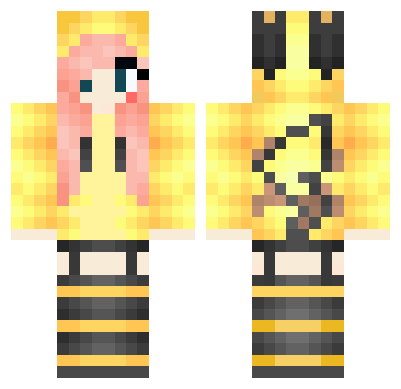 VeryCutePikachu Minecraft skin, front and back view