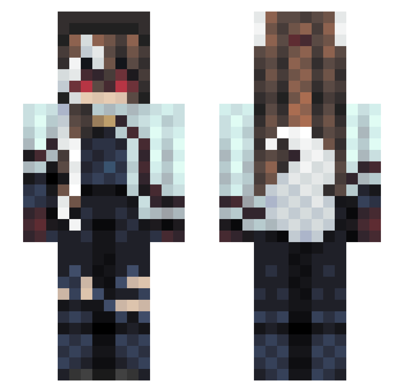 RiverBotTime Minecraft skin, front and back view