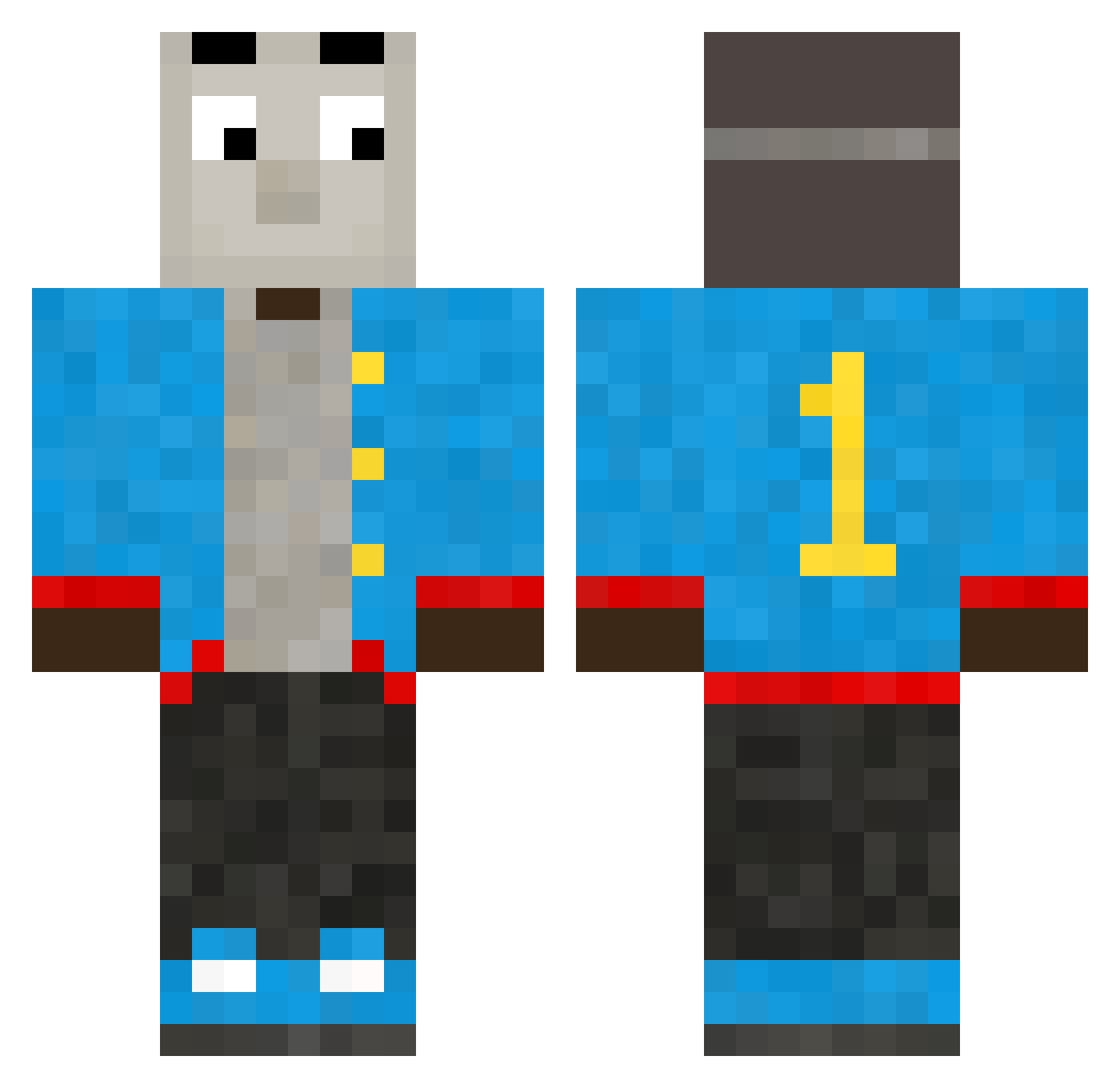 StoomTrein Minecraft skin, front and back view