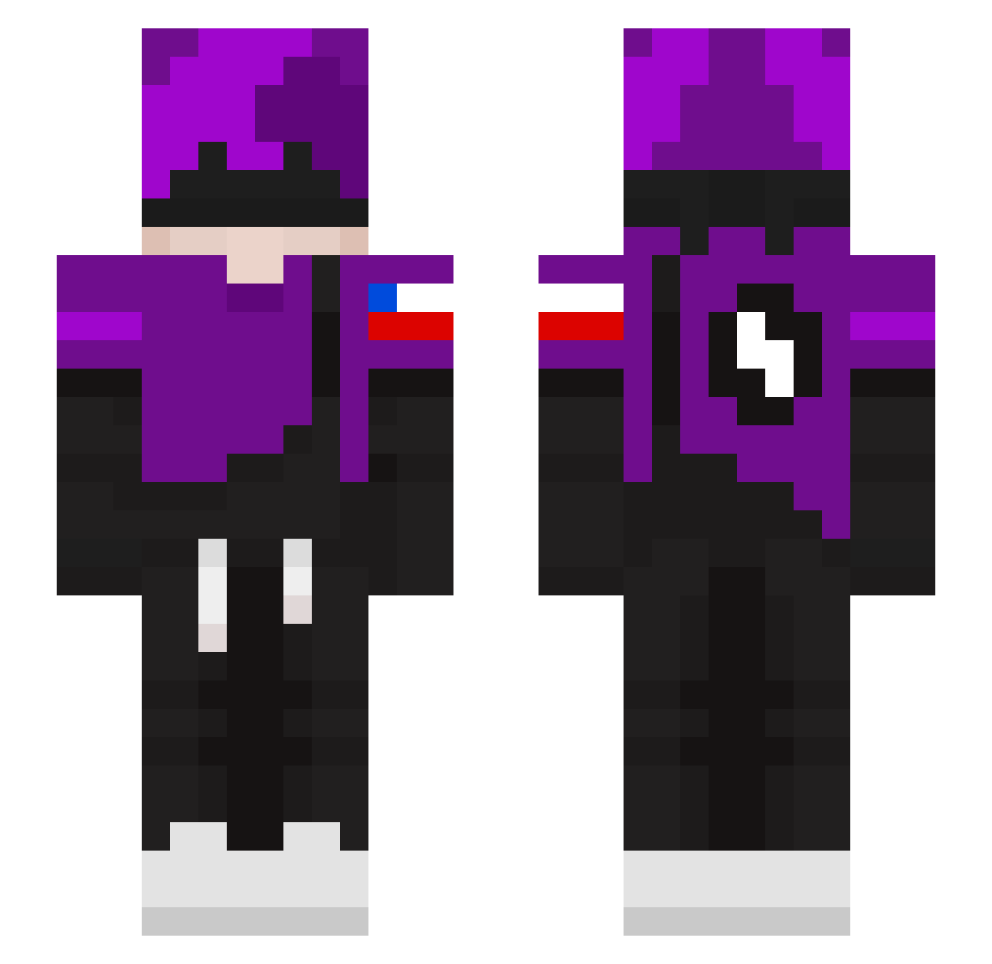 Purple4k Minecraft skin, front and back view