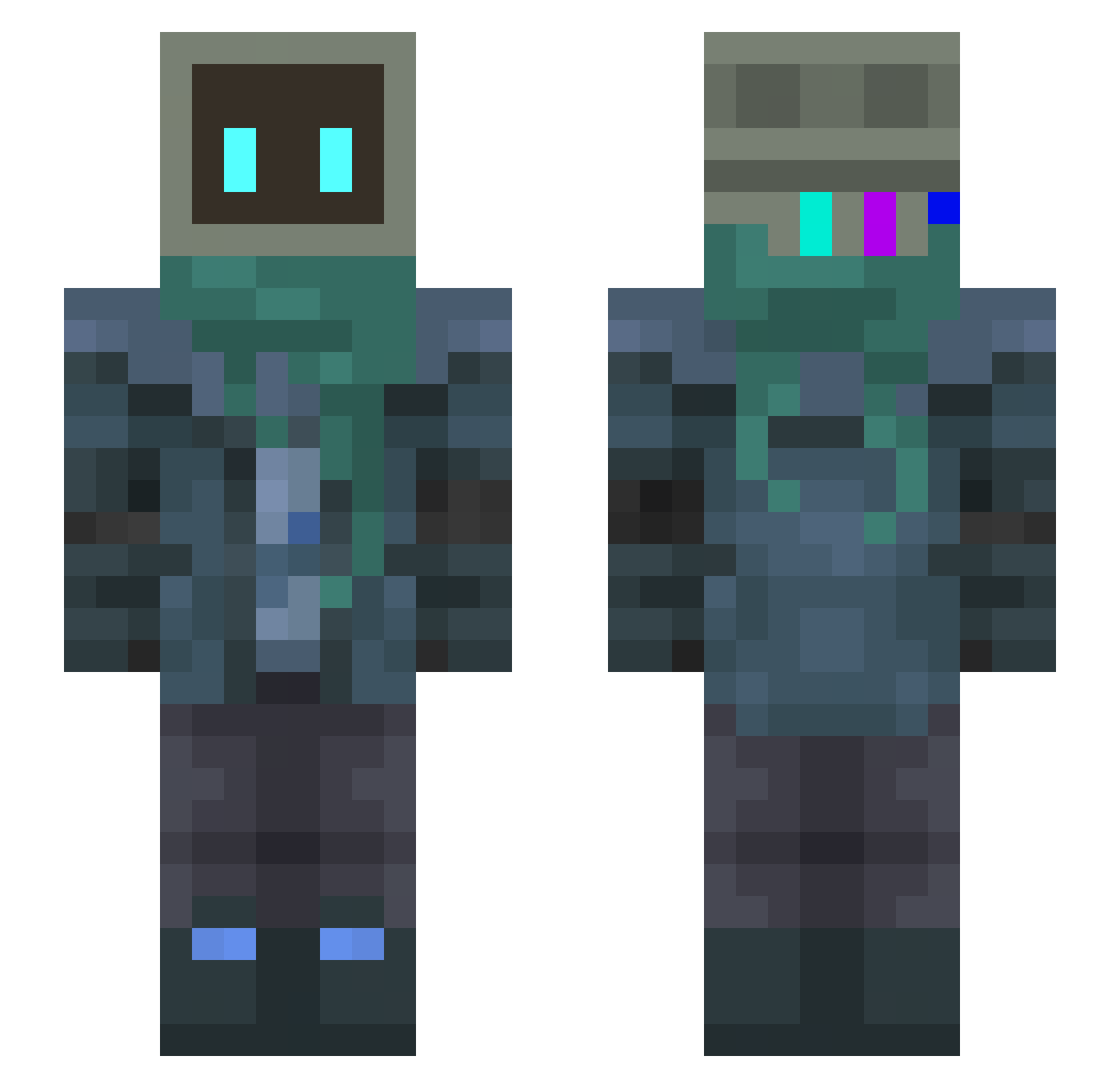 ScolyteBot Minecraft skin, front and back view