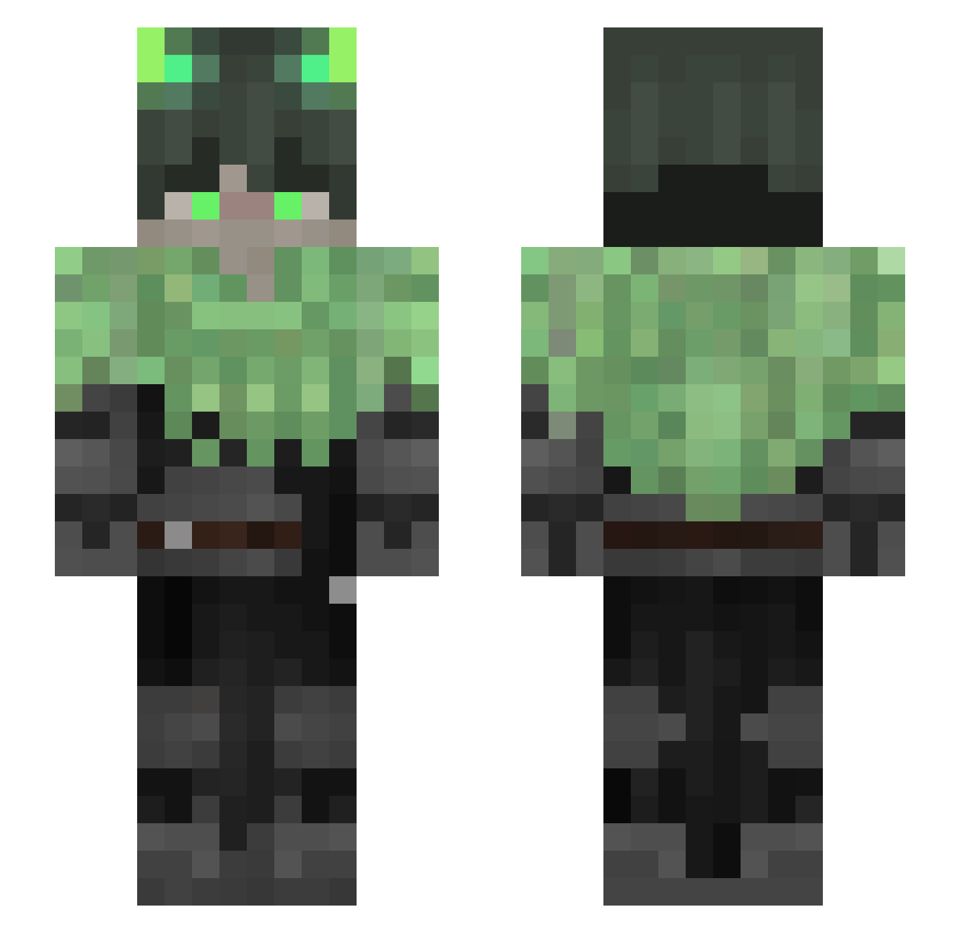 NuclearWarlock Minecraft skin, front and back view
