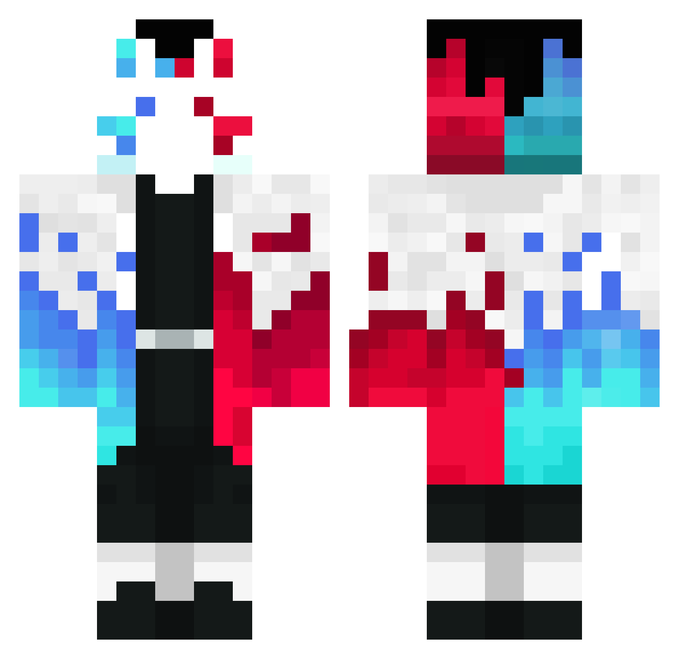 BluedRedDeds Minecraft skin, front and back view