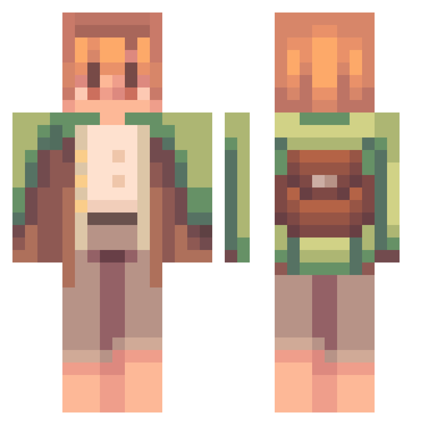 Noobycake Minecraft skin, front and back view