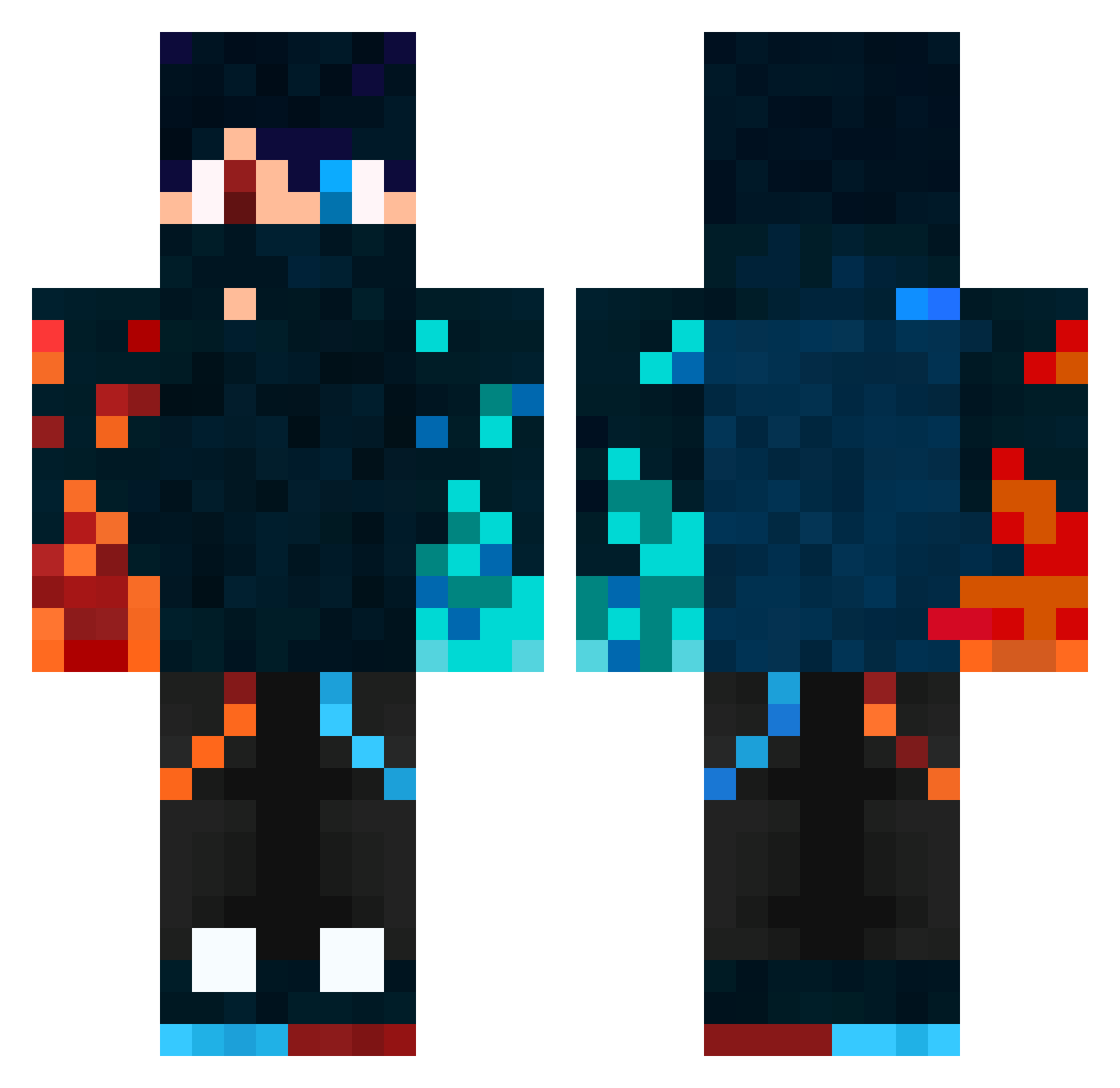 Aquafired Minecraft skin, front and back view