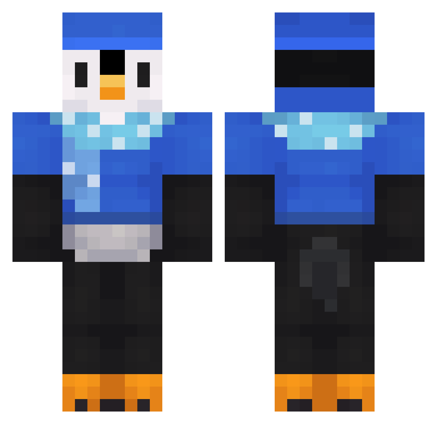 PorkPiedPenguin Minecraft skin, front and back view