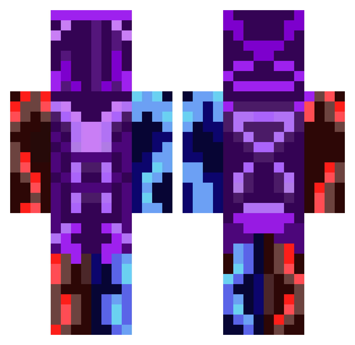 BluedRedDeds Minecraft skin, front and back view