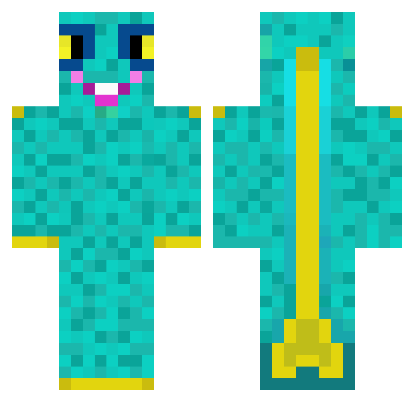 Tinyfins Minecraft skin, front and back view