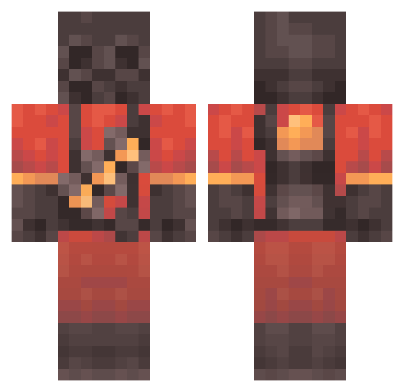 Pyromaniac Minecraft skin, front and back view