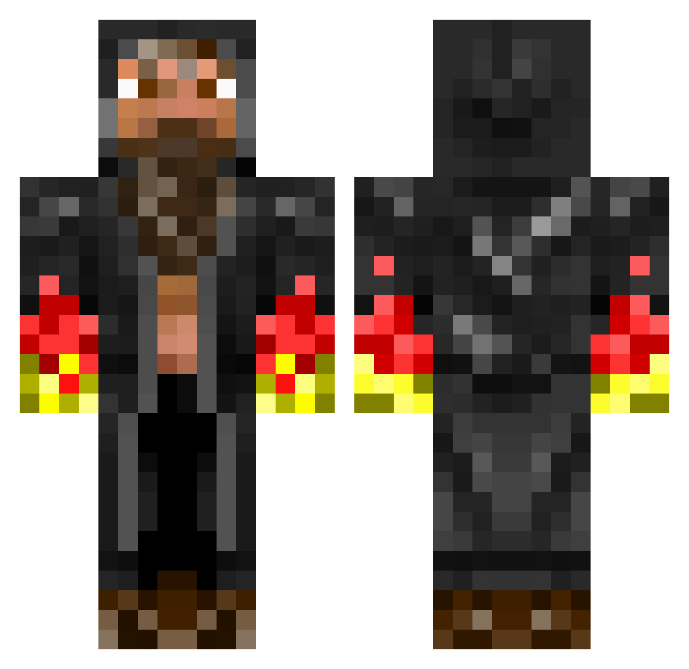 Annotated Minecraft skin, front and back view