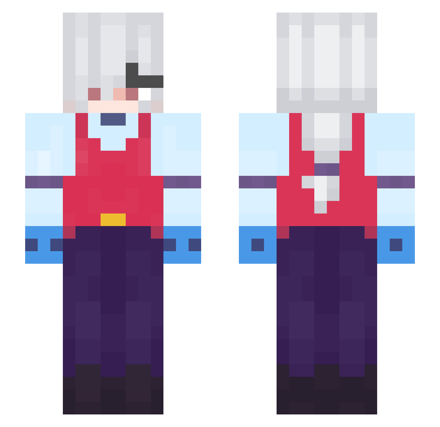 RedNWh1te Minecraft skin, front and back view