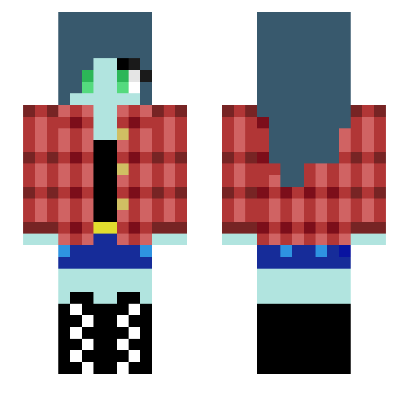 BaddaBoomie Minecraft skin, front and back view