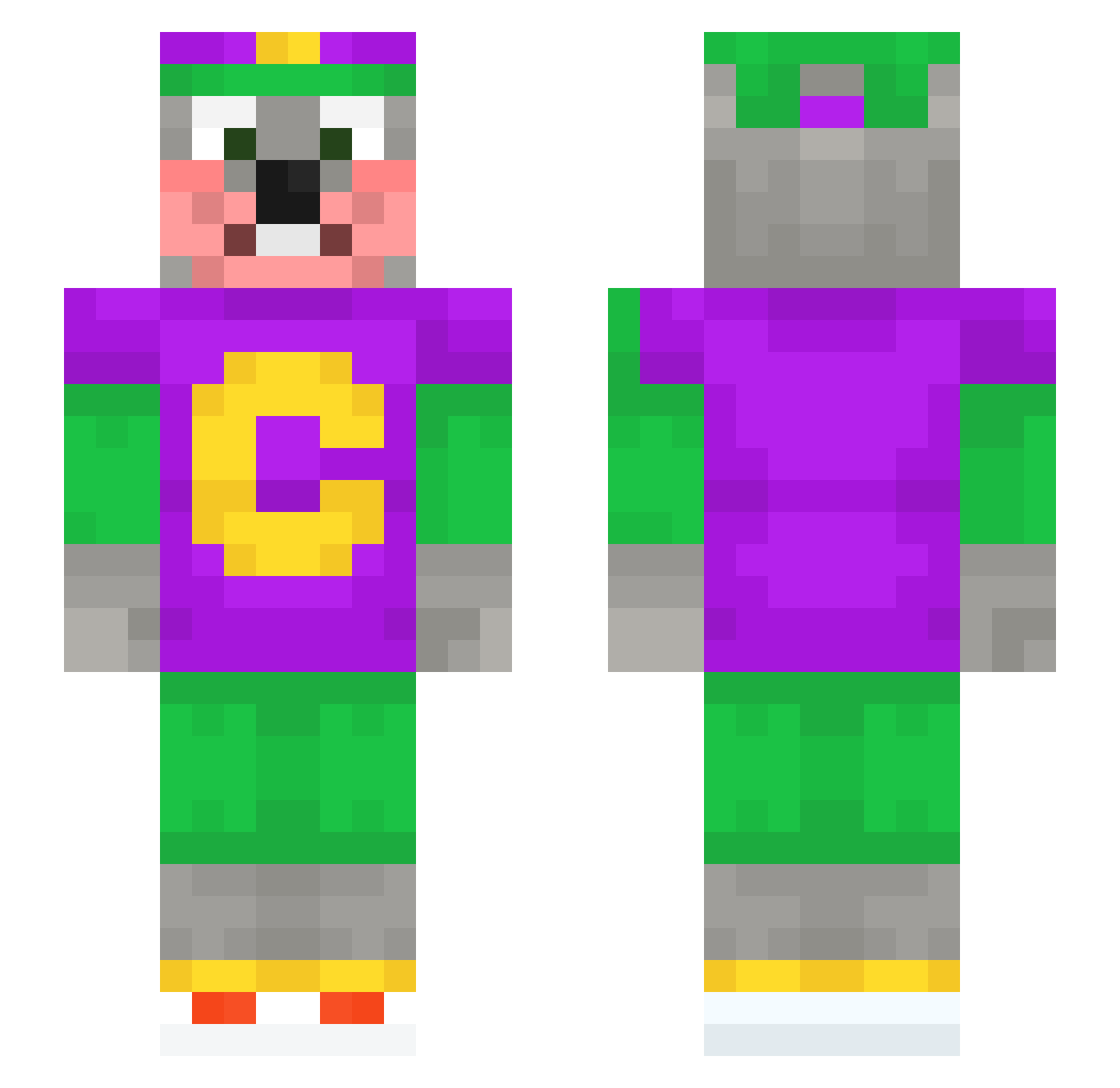 bufOvf Minecraft skin, front and back view