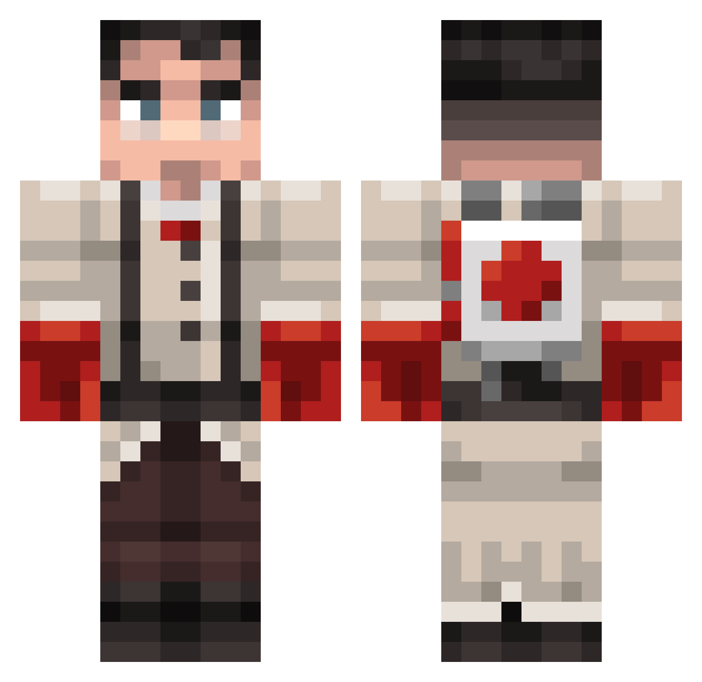 Mayhemverse Minecraft skin, front and back view
