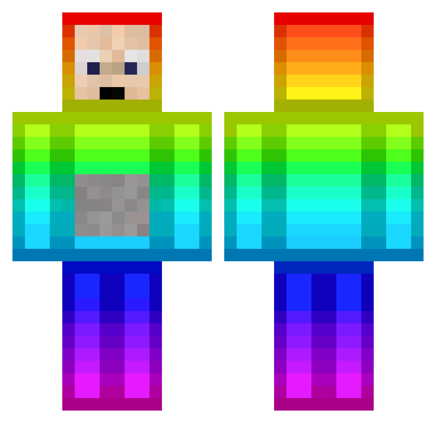 RainbowTeletubi Minecraft skin, front and back view