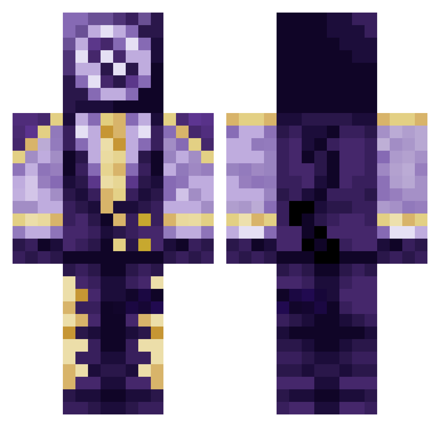 VelvetCemetery Minecraft skin, front and back view