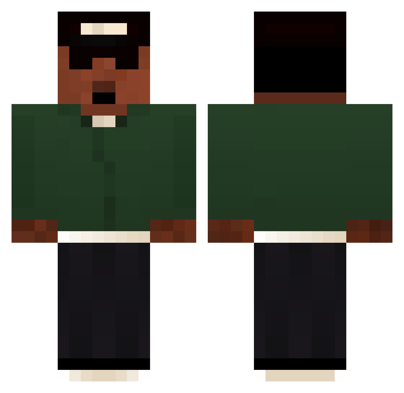 Greennoir Minecraft skin, front and back view