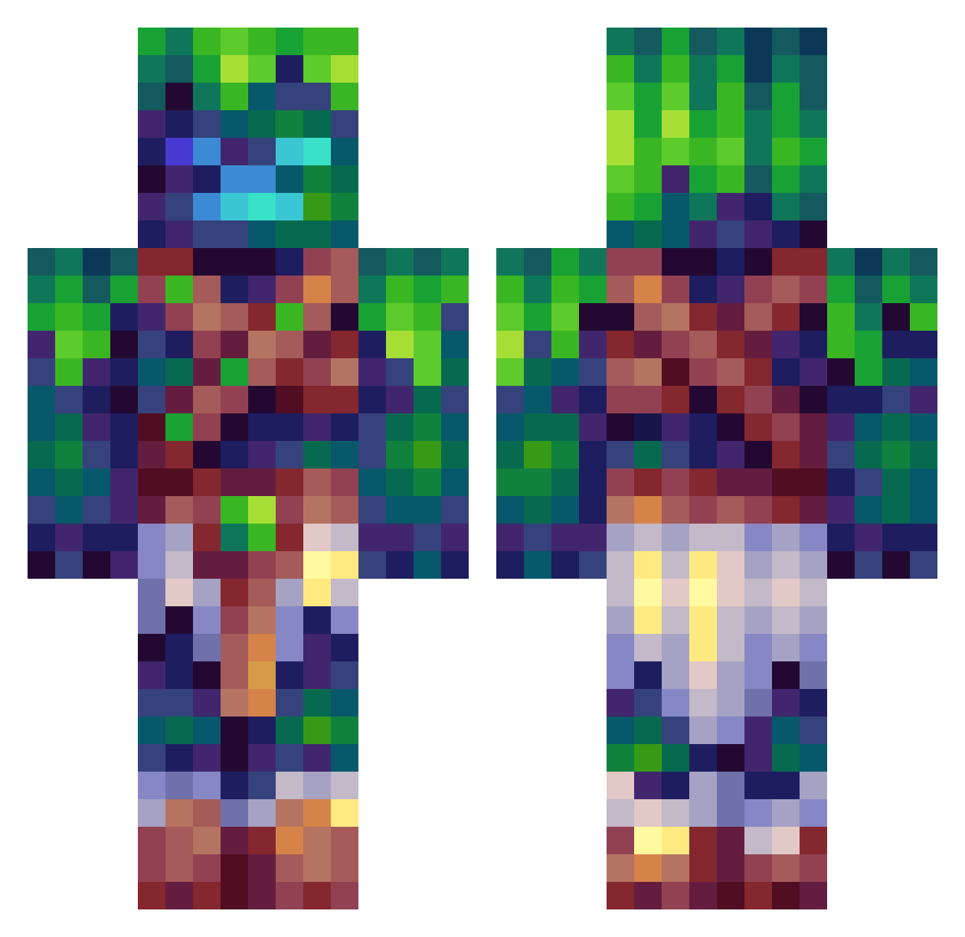 PatternJuggler Minecraft skin, front and back view