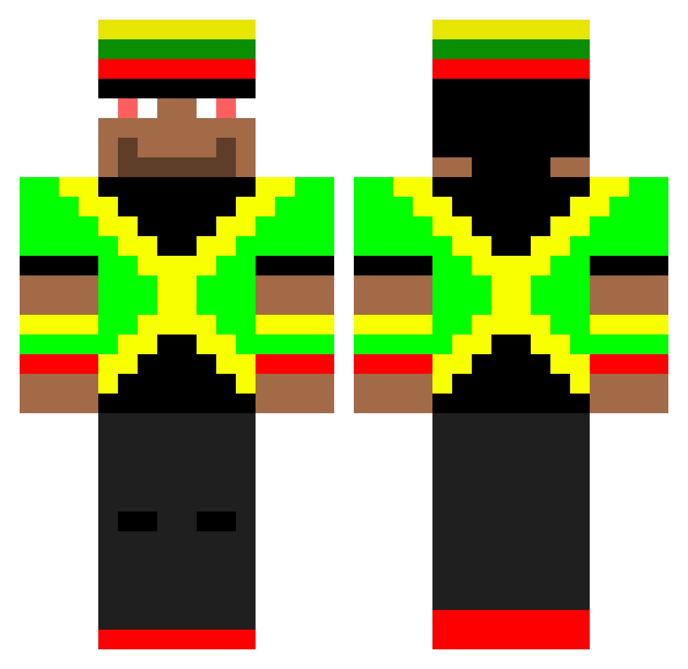Jamaicanking08 Minecraft skin, front and back view
