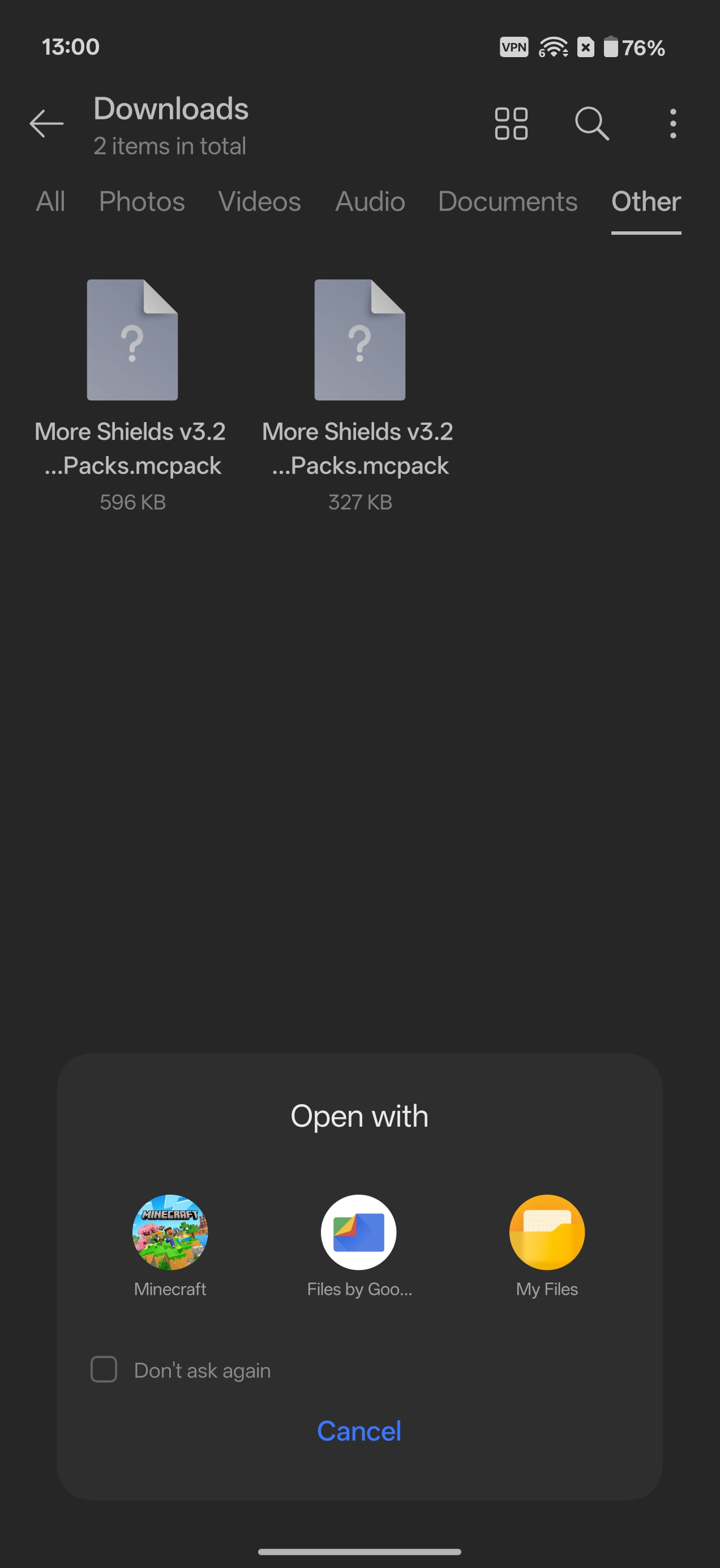 Open with menu showing Minecraft for an .mcpack file