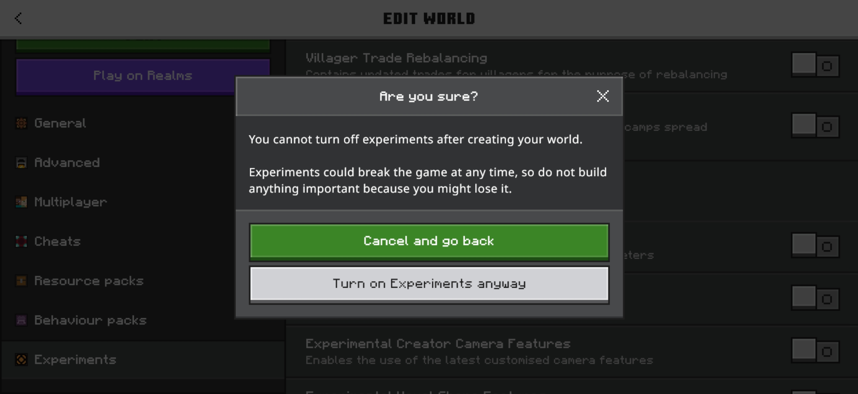 Are you sure warning before turning on experiments