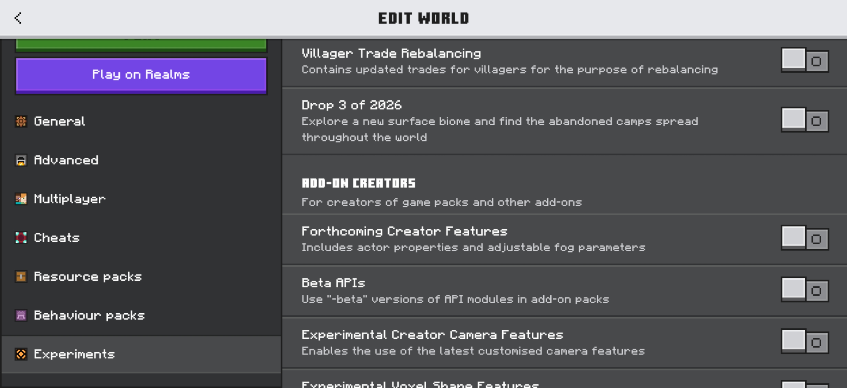 Experiments list in Minecraft world settings