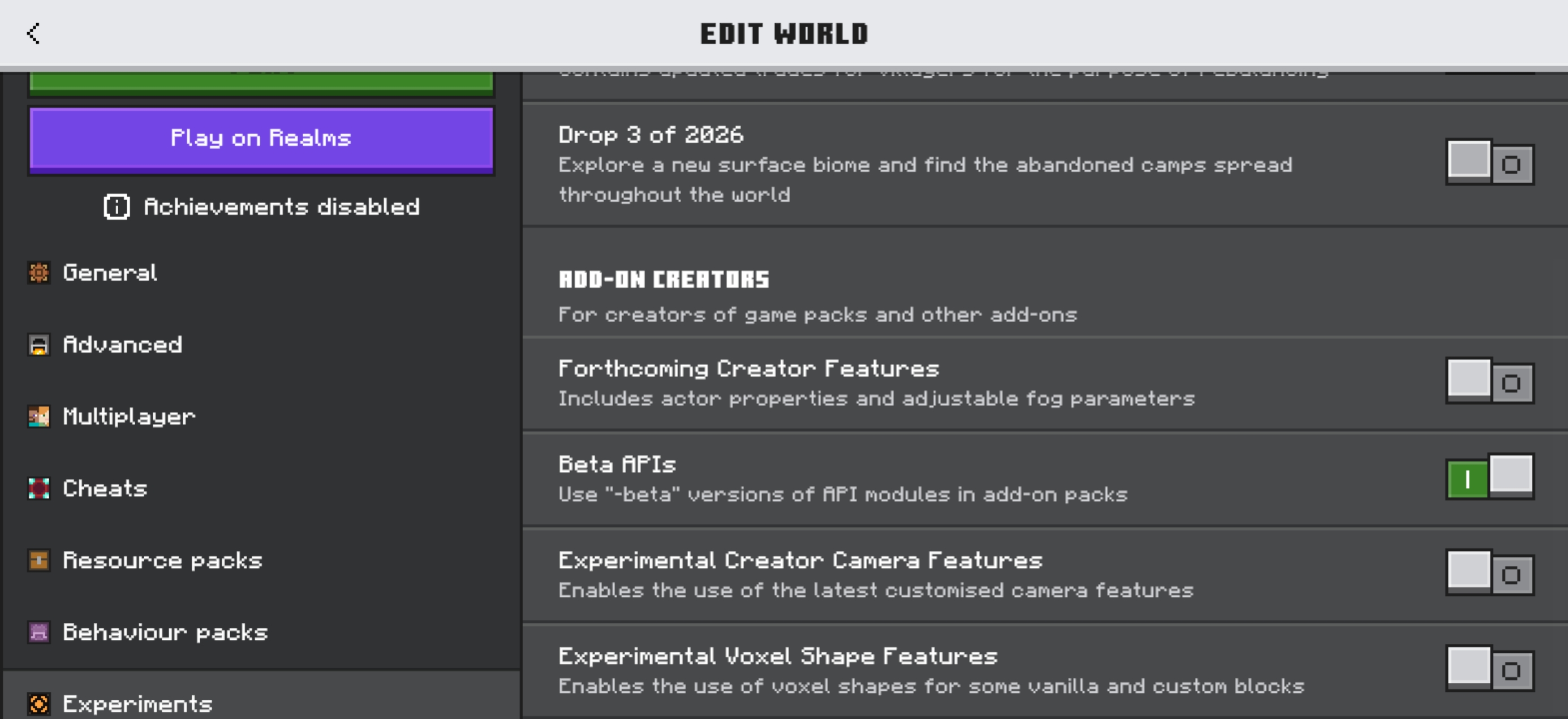 Beta APIs enabled and Achievements disabled label