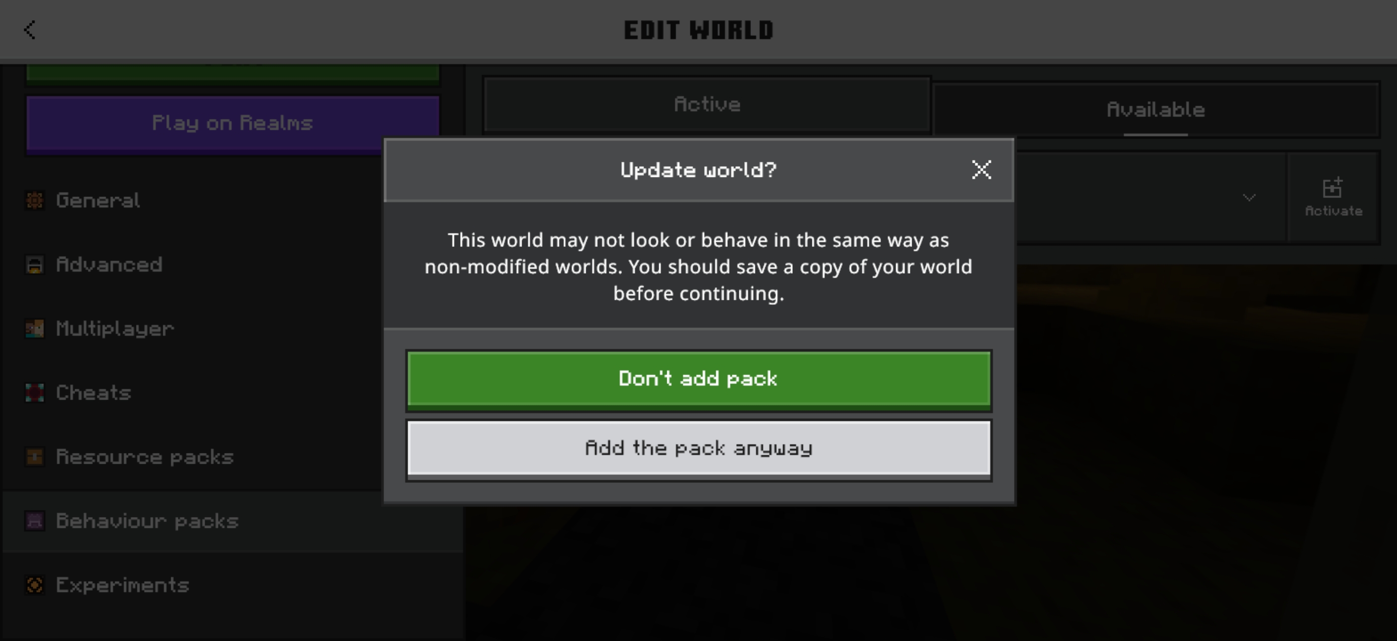 Update world confirmation with Add the pack anyway